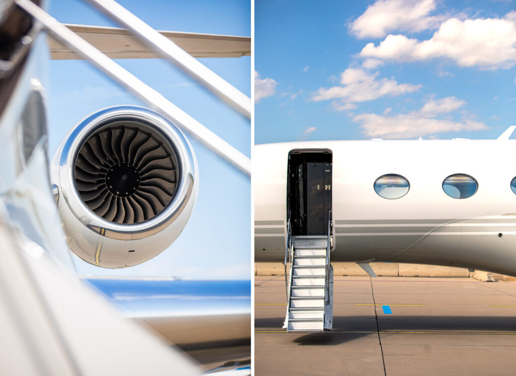 collage with aircraft engine close up and side view of a Gulfstream private jet